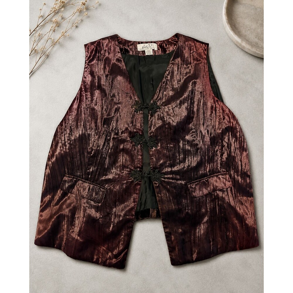 Kathryn Deene Crushed Velvet Vest Womens 26/28 Burgundy Frog Closure Plus